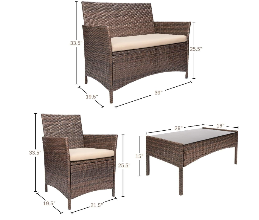 4 Pieces Outdoor Patio Furniture Set, PE Rattan Wicker Chairs Balcony Lawn Porch Patio Furniture Sets with Beige Cushion and Table (Brown)