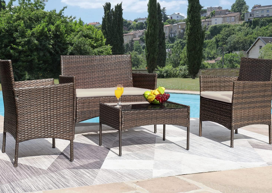 Patio Furniture 4 Pieces Conversation Sets Outdoor Wicker Rattan Chairs Garden Backyard Balcony Porch Poolside loveseat with Soft Cushion and Glass Table, Brown and Beige
