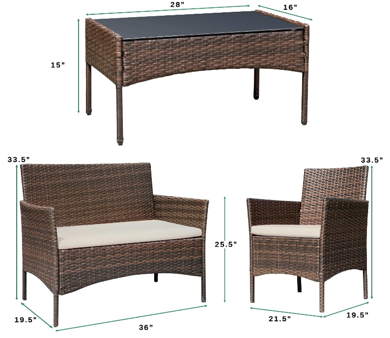 Patio Furniture 4 Pieces Conversation Sets Outdoor Wicker Rattan Chairs Garden Backyard Balcony Porch Poolside loveseat with Soft Cushion and Glass Table, Brown and Beige