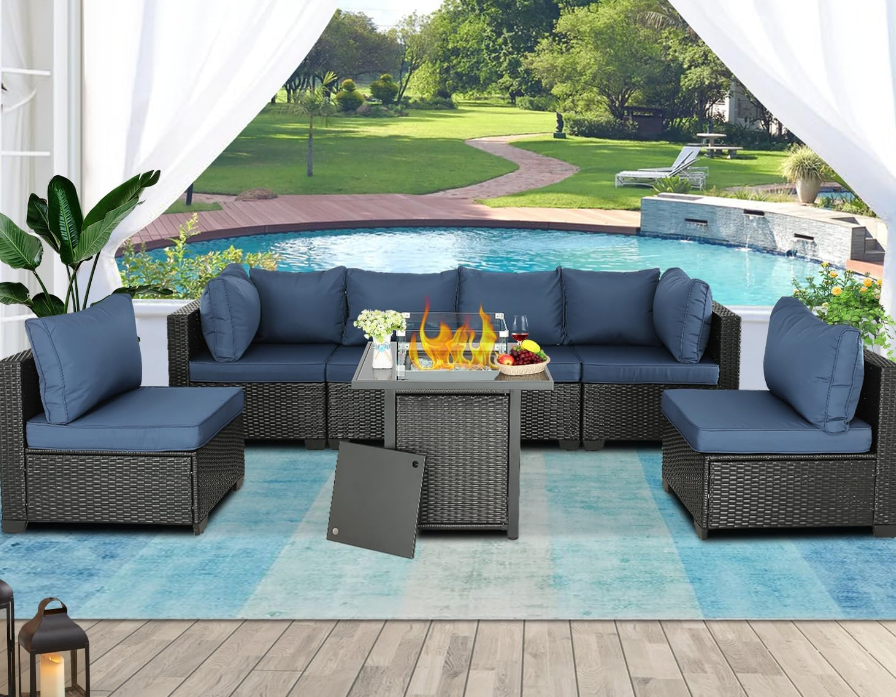 Patio Furniture Sets Outdoor Sectional PE Rattan Outdoor Furniture Patio Conversation Set with Cushions for Balcony Lawn and Garden (Expresso/Navy Blue, 7 pcs w/Fire Table)
