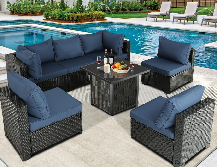 Patio Furniture Sets Outdoor Sectional PE Rattan Outdoor Furniture Patio Conversation Set with Cushions for Balcony Lawn and Garden (Expresso/Navy Blue, 7 pcs w/Fire Table)