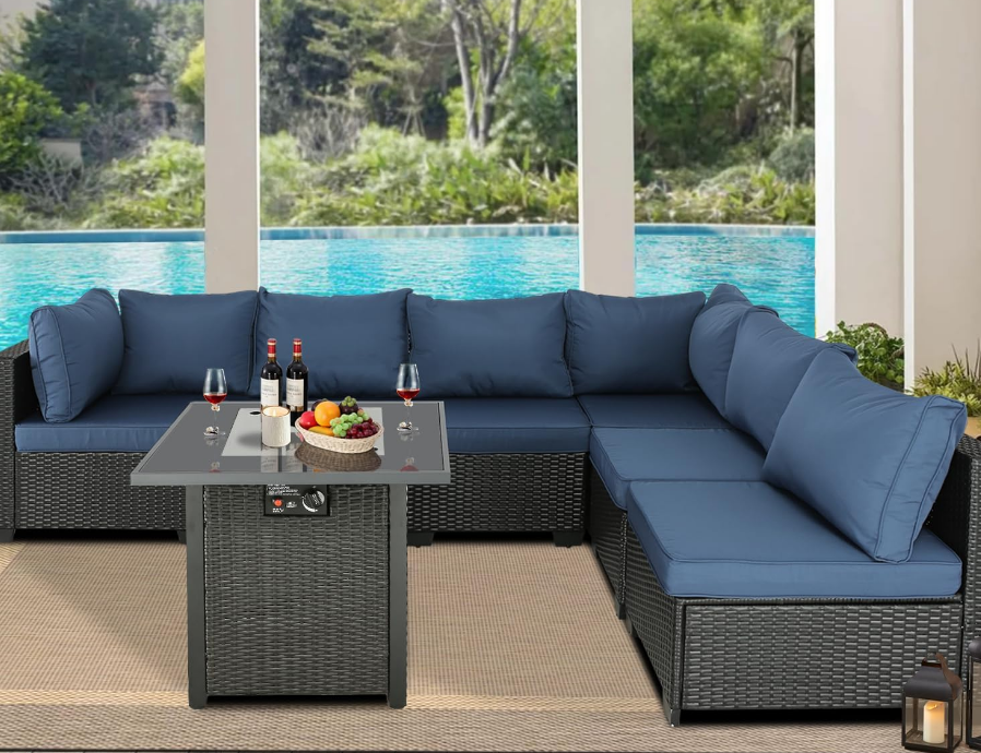 Patio Furniture Sets Outdoor Sectional PE Rattan Outdoor Furniture Patio Conversation Set with Cushions for Balcony Lawn and Garden (Expresso/Navy Blue, 7 pcs w/Fire Table)