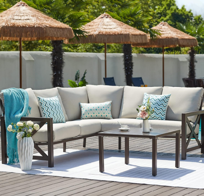 6 Pieces Patio Furniture Sets, Metal Outdoor Sectional Furniture L Shape Patio Conversation Sets,Highback Frame,Metal Table,Large Waterproof Cover, 6.5" Olefin Cushions