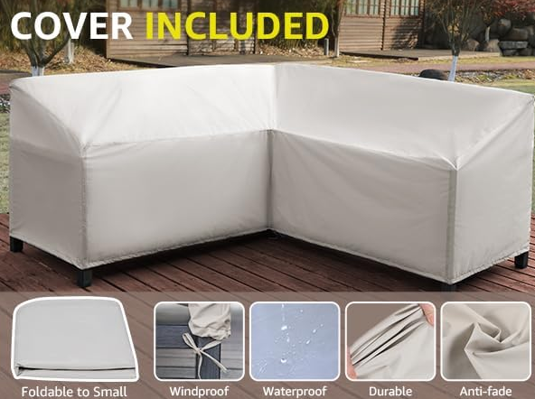 6 Pieces Patio Furniture Sets, Metal Outdoor Sectional Furniture L Shape Patio Conversation Sets,Highback Frame,Metal Table,Large Waterproof Cover, 6.5" Olefin Cushions