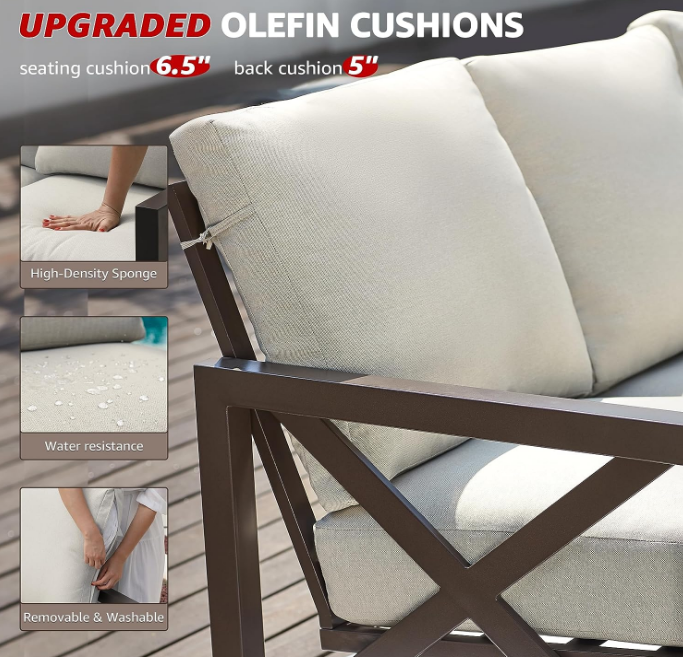 6 Pieces Patio Furniture Sets, Metal Outdoor Sectional Furniture L Shape Patio Conversation Sets,Highback Frame,Metal Table,Large Waterproof Cover, 6.5" Olefin Cushions
