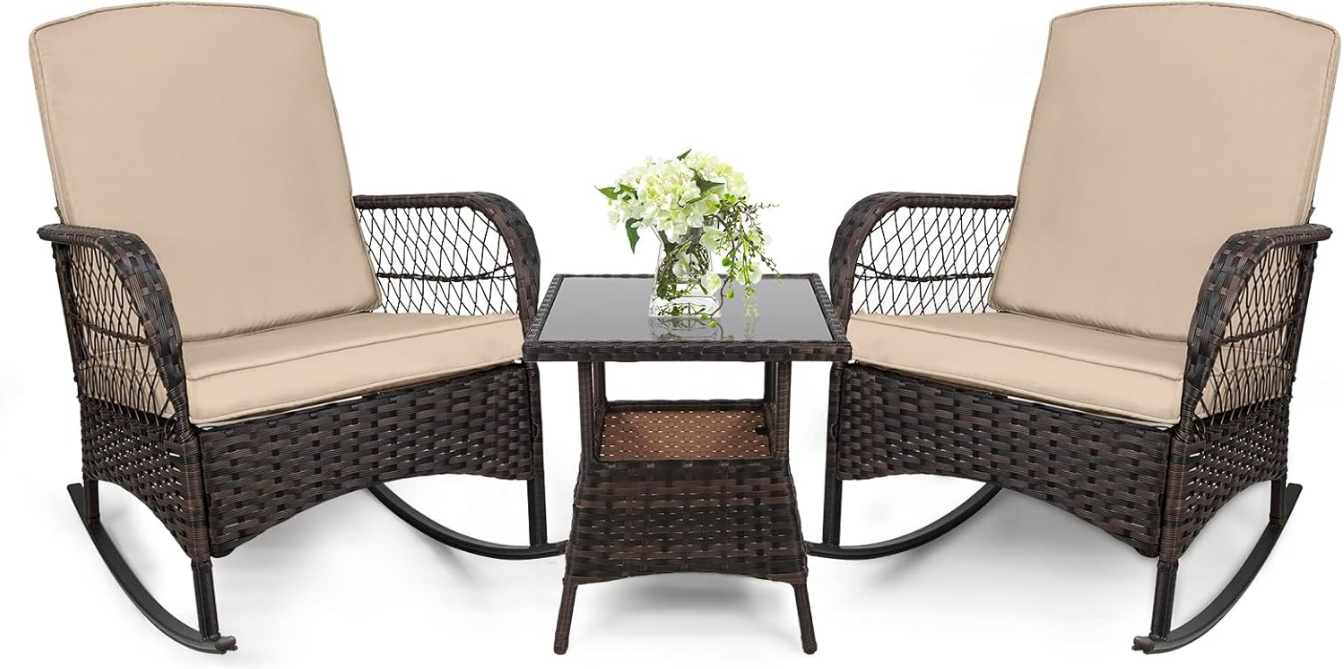 3 pcs Rocking Bistro Set Conversation Chairs PE Wicker Outdoor Rocking Chairs(Rocking Set,Sand)
