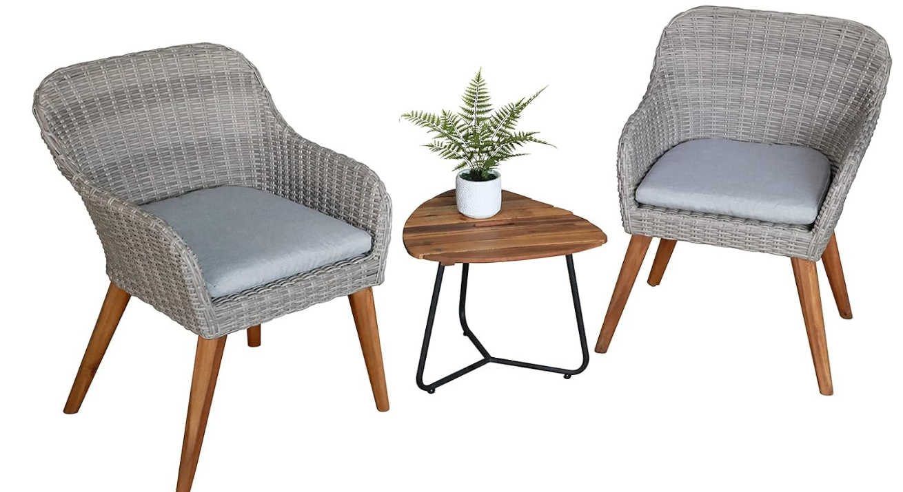 Outdoor 3-Piece Bistro Set with Seat Cushion, Two Chairs and Wood Top Side Table, Gray Wicker with Wood Leg