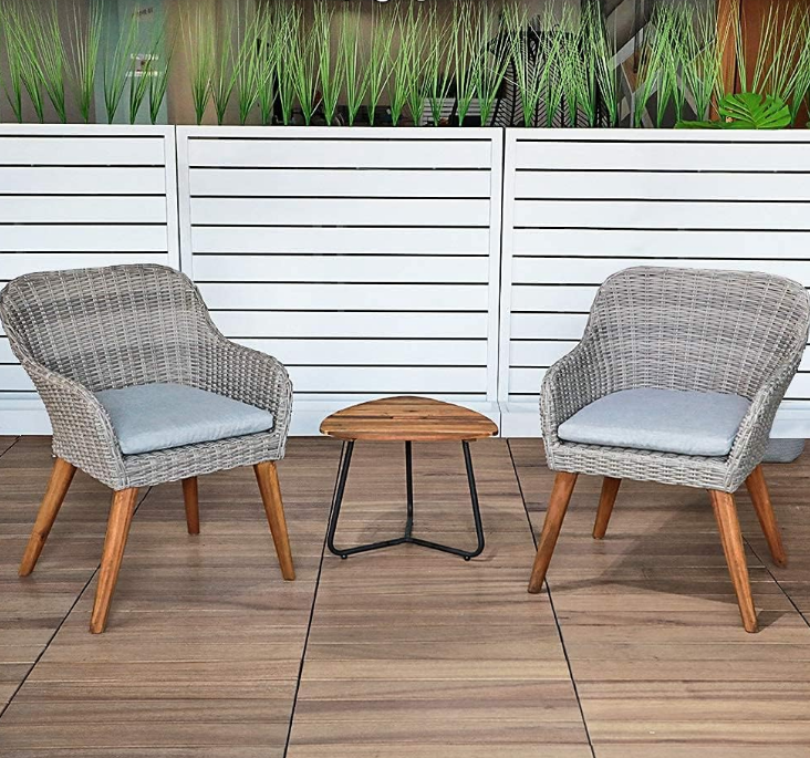 Outdoor 3-Piece Bistro Set with Seat Cushion, Two Chairs and Wood Top Side Table, Gray Wicker with Wood Leg