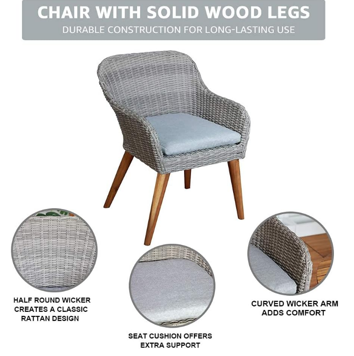 Outdoor 3-Piece Bistro Set with Seat Cushion, Two Chairs and Wood Top Side Table, Gray Wicker with Wood Leg