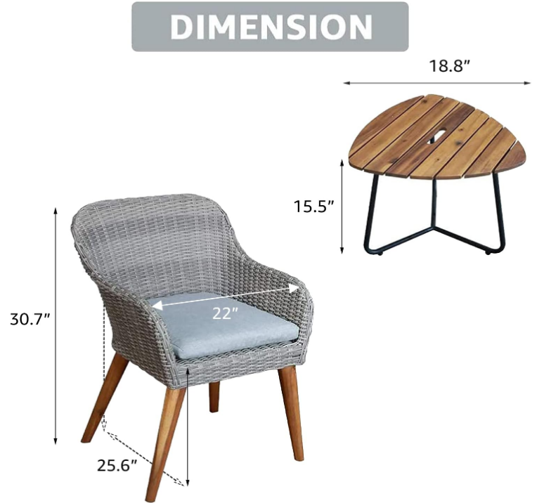 Outdoor 3-Piece Bistro Set with Seat Cushion, Two Chairs and Wood Top Side Table, Gray Wicker with Wood Leg