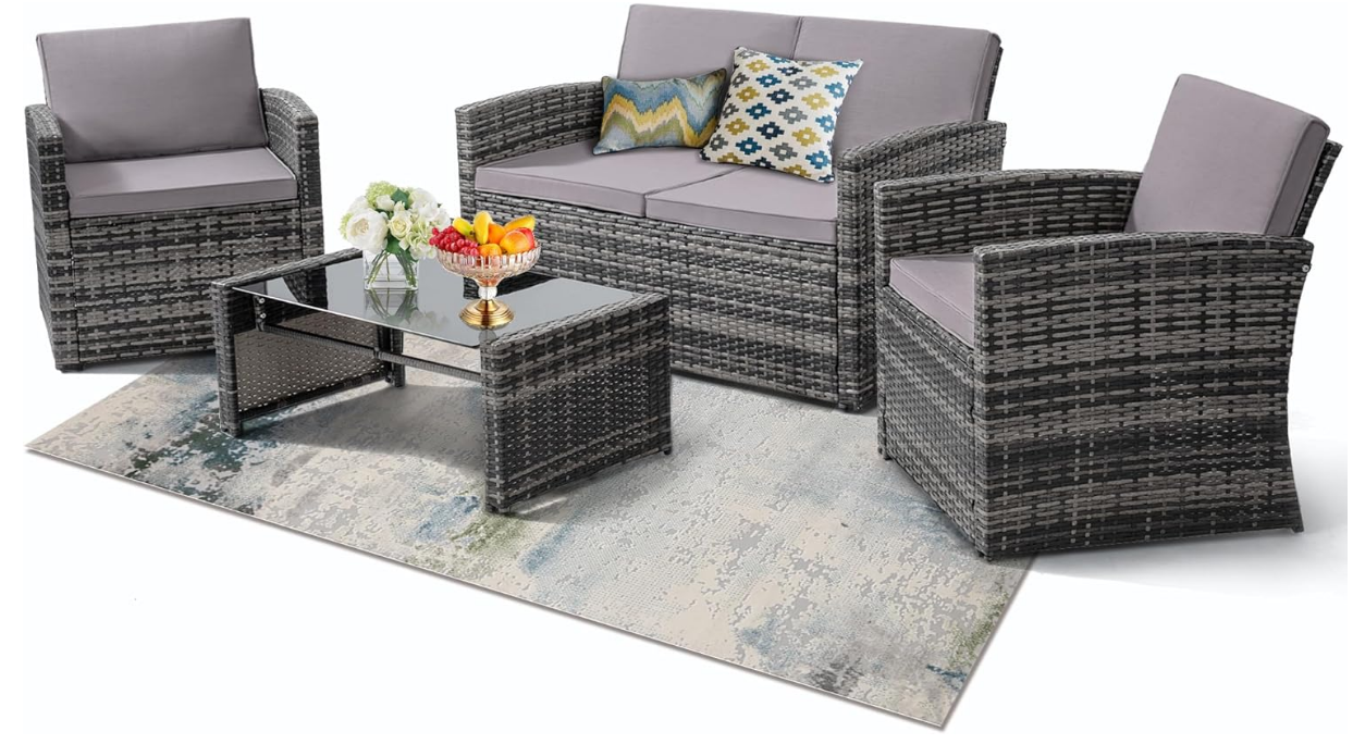 4 Pieces Patio Conversation Set, Outside Rattan Sectional Sofa, Cushioned Furniture Set, Wicker Sofa Ideal for Garden, Porch, Backyard, Grey Color Rattan and Light Grey Cushion