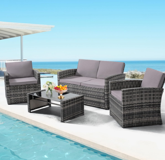 4 Pieces Patio Conversation Set, Outside Rattan Sectional Sofa, Cushioned Furniture Set, Wicker Sofa Ideal for Garden, Porch, Backyard, Grey Color Rattan and Light Grey Cushion