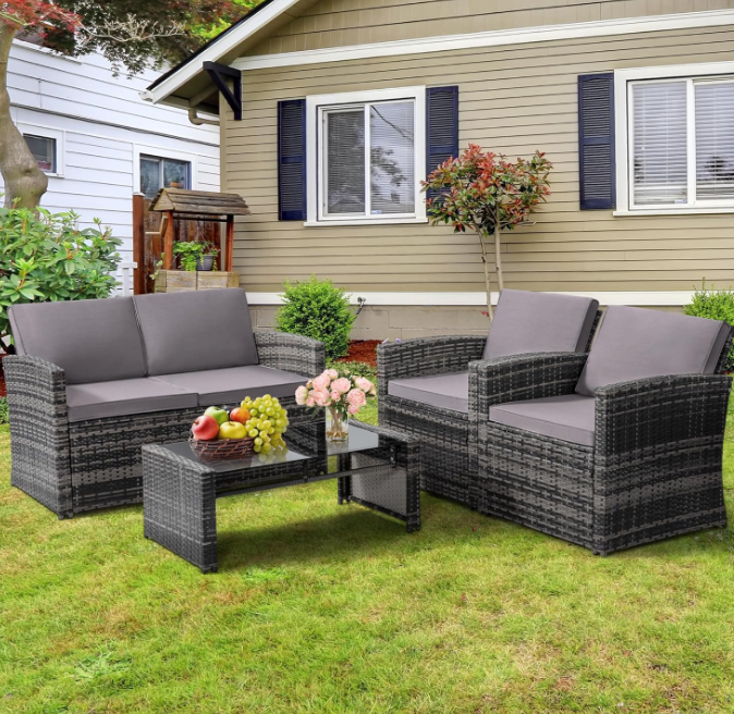 4 Pieces Patio Conversation Set, Outside Rattan Sectional Sofa, Cushioned Furniture Set, Wicker Sofa Ideal for Garden, Porch, Backyard, Grey Color Rattan and Light Grey Cushion
