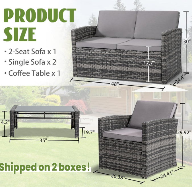 4 Pieces Patio Conversation Set, Outside Rattan Sectional Sofa, Cushioned Furniture Set, Wicker Sofa Ideal for Garden, Porch, Backyard, Grey Color Rattan and Light Grey Cushion