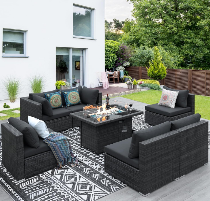 Modern Luxury 29.3'' High Back Extra Large Size Rattan Patio Furniture Sectional Sofa Sets with Gas/Propane Fire Pit Table Outdoor Conversation Sets with Firepit 7 Pieces Gray