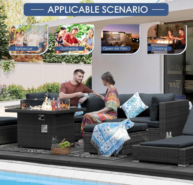 Modern Luxury 29.3'' High Back Extra Large Size Rattan Patio Furniture Sectional Sofa Sets with Gas/Propane Fire Pit Table Outdoor Conversation Sets with Firepit 7 Pieces Gray