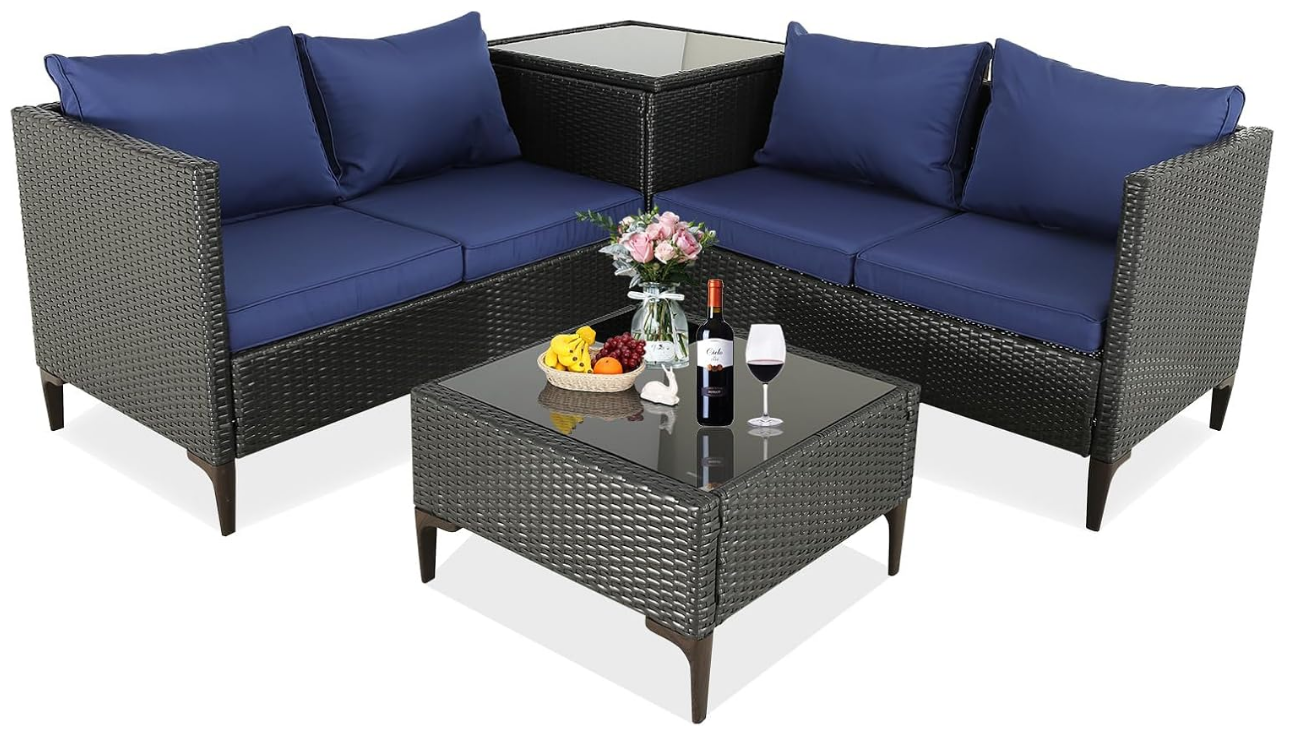4-Piece Outdoor Patio Furniture Sets Wicker Sofa with Cushions and Coffee Table Garden Lawn Pool Backyard Outdoor Sofa Sets (Expresso-Navy Blue, Set of 4)