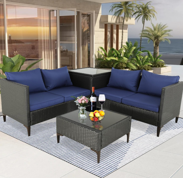4-Piece Outdoor Patio Furniture Sets Wicker Sofa with Cushions and Coffee Table Garden Lawn Pool Backyard Outdoor Sofa Sets (Expresso-Navy Blue, Set of 4)