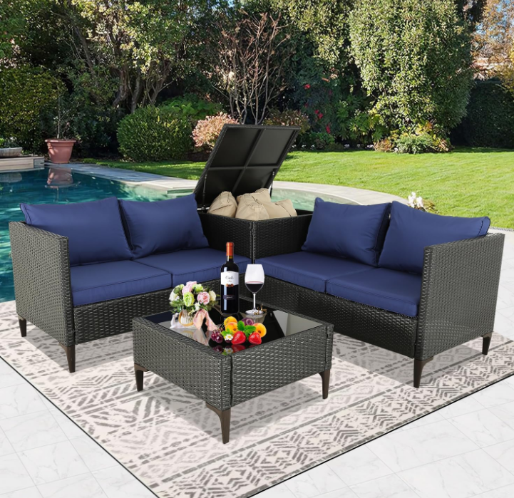 4-Piece Outdoor Patio Furniture Sets Wicker Sofa with Cushions and Coffee Table Garden Lawn Pool Backyard Outdoor Sofa Sets (Expresso-Navy Blue, Set of 4)