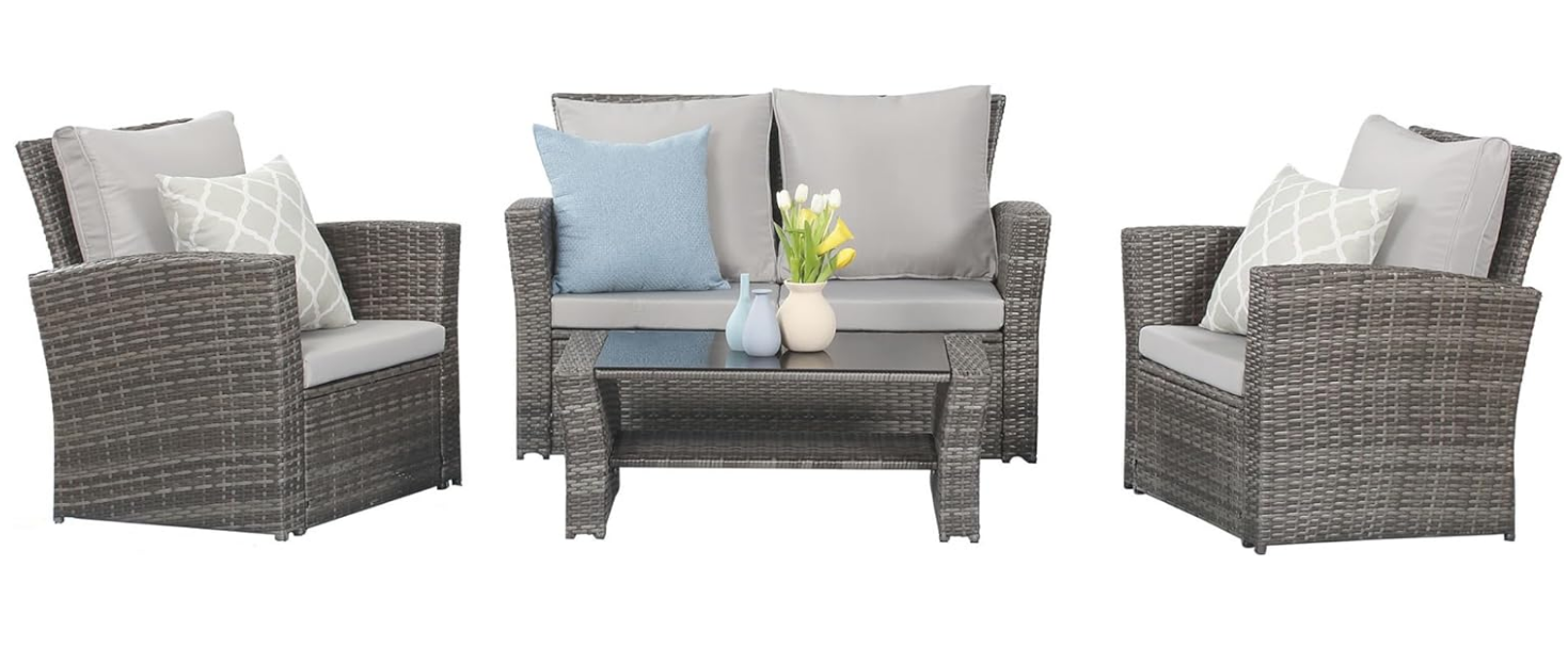4 Piece Outdoor Patio Furniture Sets, Wicker Conversation Set for Porch Deck, Gray Rattan Sofa Chair with Cushion