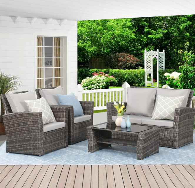 4 Piece Outdoor Patio Furniture Sets, Wicker Conversation Set for Porch Deck, Gray Rattan Sofa Chair with Cushion