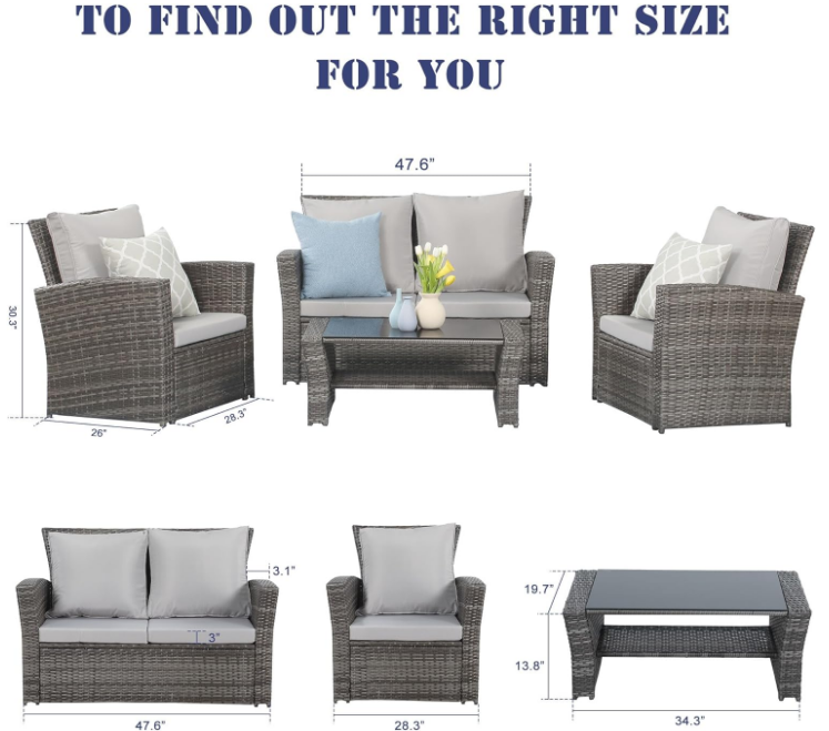 4 Piece Outdoor Patio Furniture Sets, Wicker Conversation Set for Porch Deck, Gray Rattan Sofa Chair with Cushion