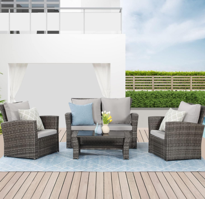 4 Piece Outdoor Patio Furniture Sets, Wicker Conversation Set for Porch Deck, Gray Rattan Sofa Chair with Cushion