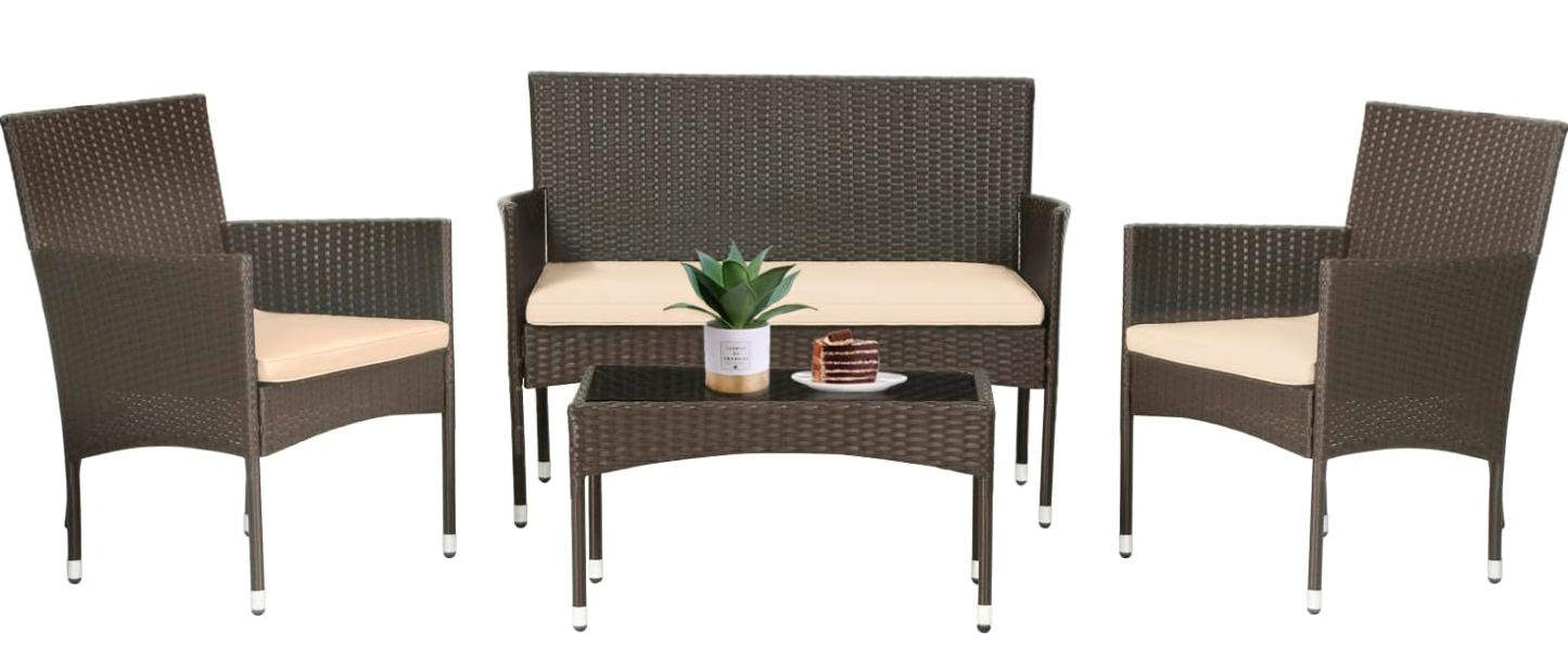 Patio Furniture Set 4 Pieces Outdoor Rattan Chair Wicker Sofa Garden Conversation Bistro Sets for Yard (Brown)