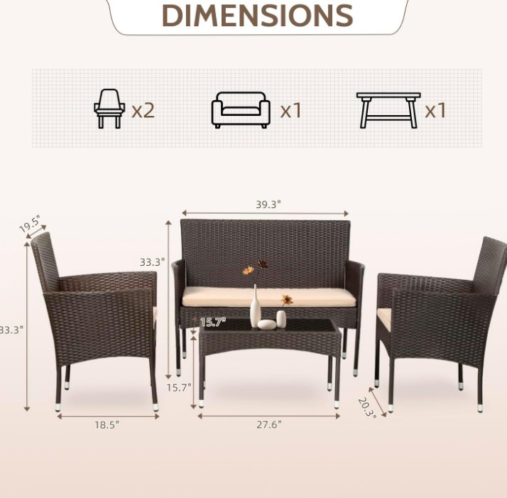 Patio Furniture Set 4 Pieces Outdoor Rattan Chair Wicker Sofa Garden Conversation Bistro Sets for Yard (Brown)