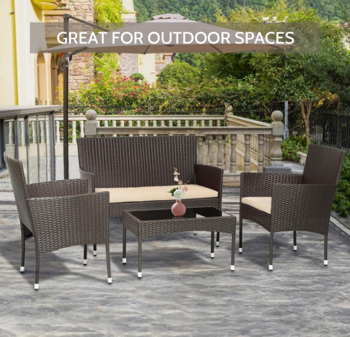 Patio Furniture Set 4 Pieces Outdoor Rattan Chair Wicker Sofa Garden Conversation Bistro Sets for Yard (Brown)