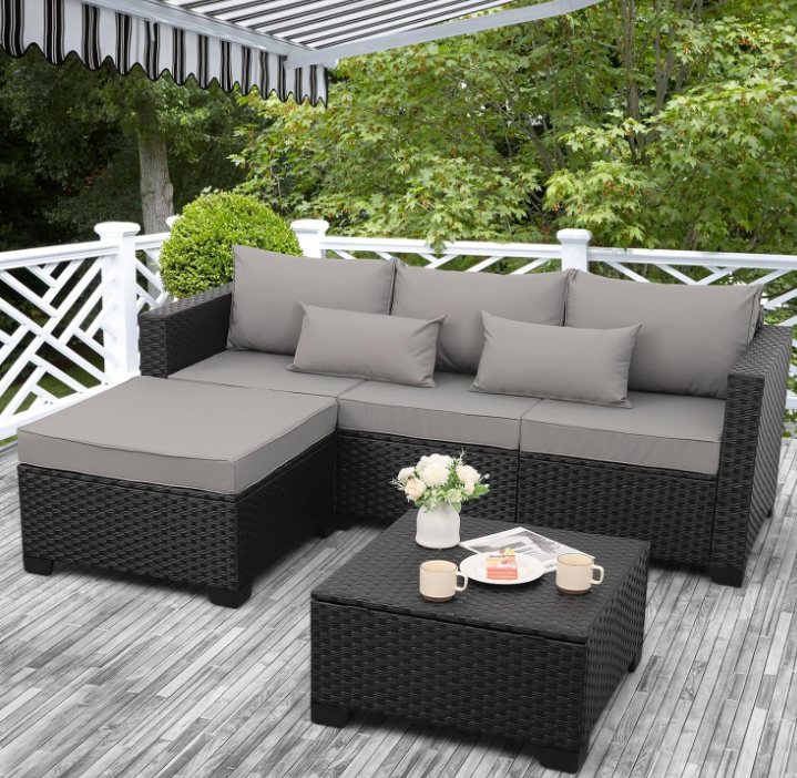 3 Pieces Patio Furniture Set Outdoor Sectional Wicker Patio Furniture Patio Couch with Ottoman and Outdoor Storage Table All-Weather Anti-Slip Cushions Waterproof Covers, Grey