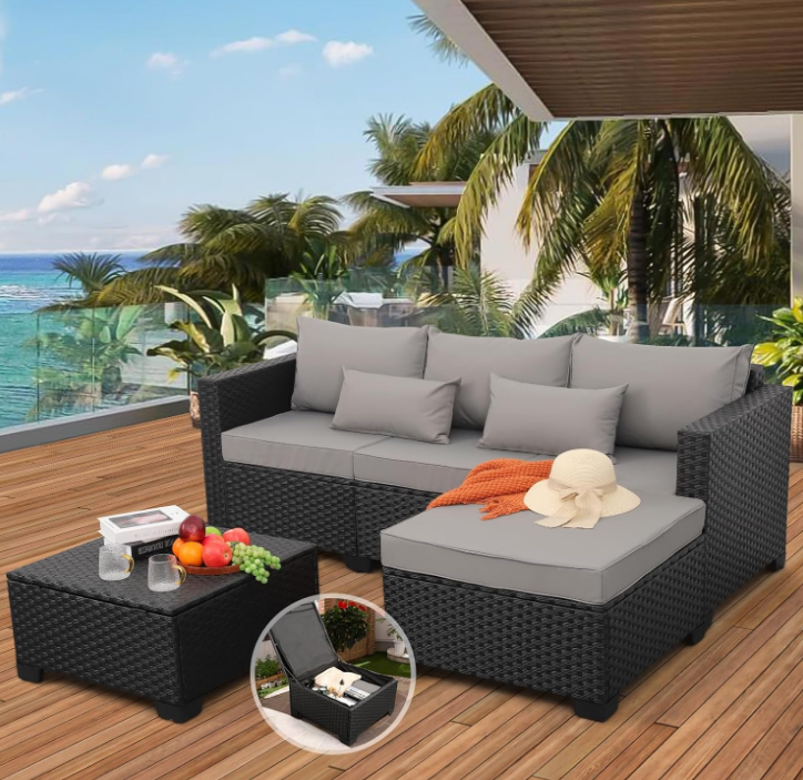 3 Pieces Patio Furniture Set Outdoor Sectional Wicker Patio Furniture Patio Couch with Ottoman and Outdoor Storage Table All-Weather Anti-Slip Cushions Waterproof Covers, Grey