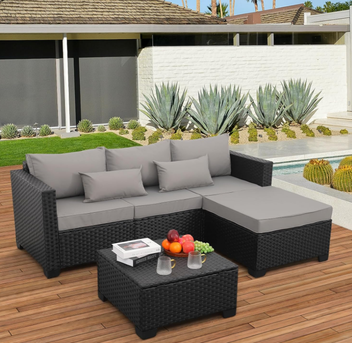 3 Pieces Patio Furniture Set Outdoor Sectional Wicker Patio Furniture Patio Couch with Ottoman and Outdoor Storage Table All-Weather Anti-Slip Cushions Waterproof Covers, Grey