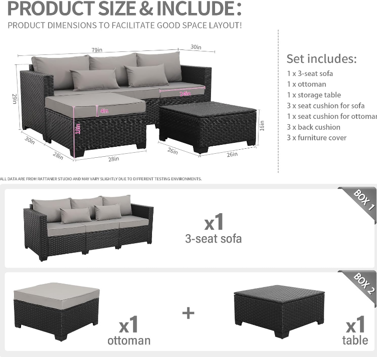 3 Pieces Patio Furniture Set Outdoor Sectional Wicker Patio Furniture Patio Couch with Ottoman and Outdoor Storage Table All-Weather Anti-Slip Cushions Waterproof Covers, Grey