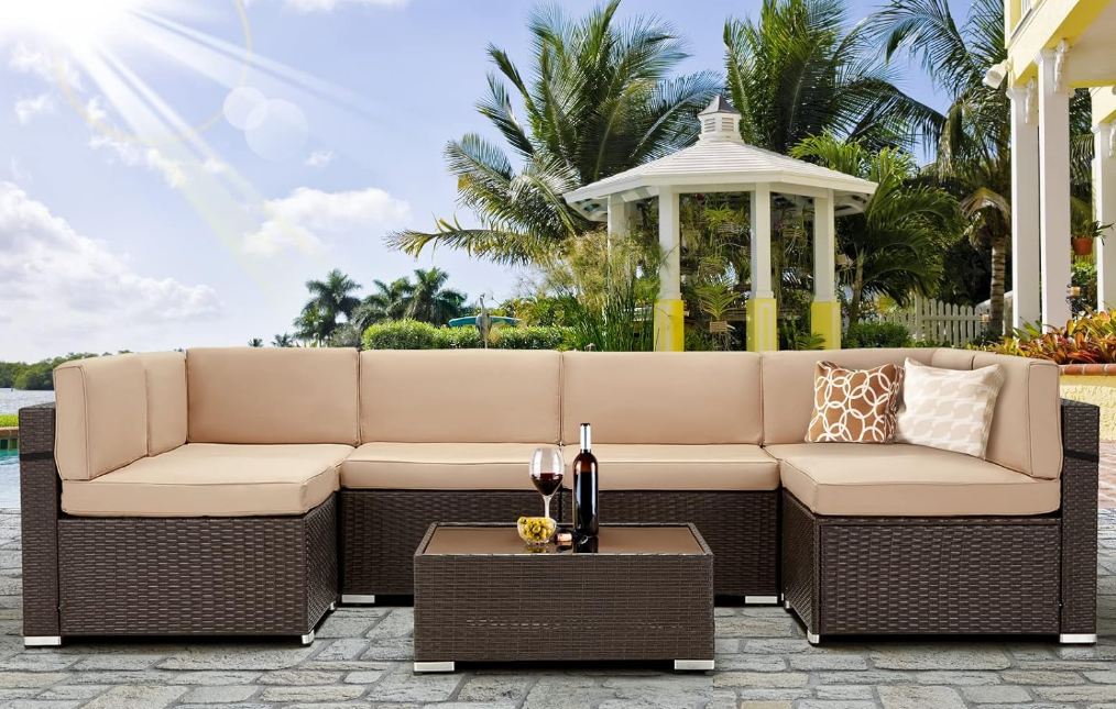 7 Piece Outdoor Patio Furniture Set, PE Rattan Wicker Sofa Set, Outdoor Sectional Furniture Chair Set with Cushions and Tea Table, Brown