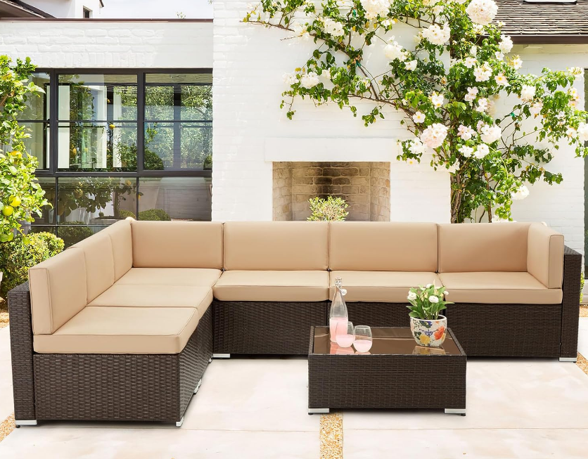 7 Piece Outdoor Patio Furniture Set, PE Rattan Wicker Sofa Set, Outdoor Sectional Furniture Chair Set with Cushions and Tea Table, Brown