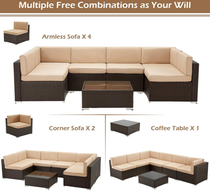7 Piece Outdoor Patio Furniture Set, PE Rattan Wicker Sofa Set, Outdoor Sectional Furniture Chair Set with Cushions and Tea Table, Brown