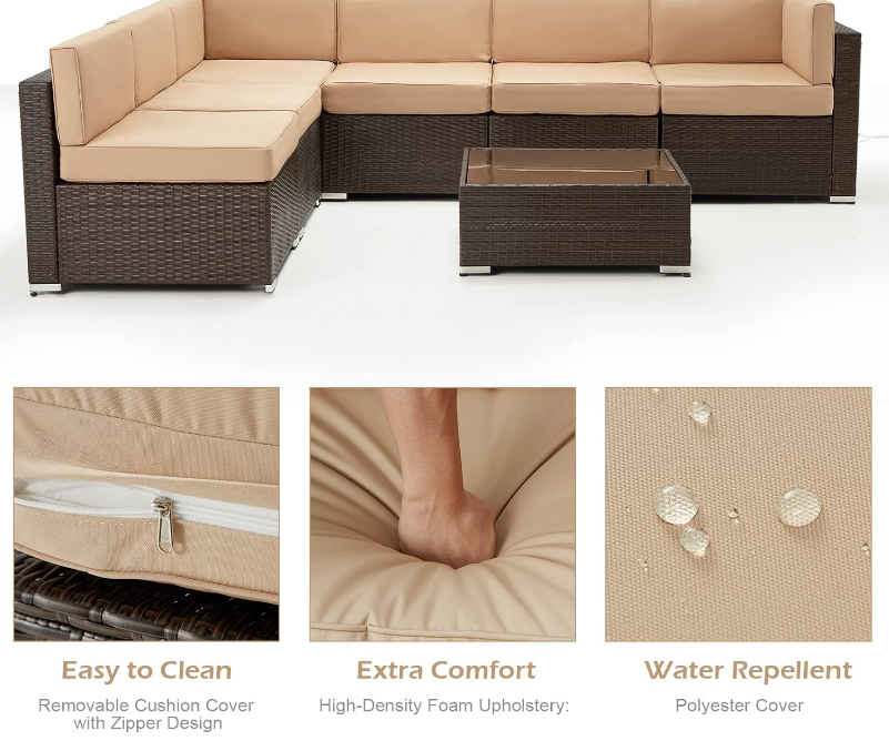 7 Piece Outdoor Patio Furniture Set, PE Rattan Wicker Sofa Set, Outdoor Sectional Furniture Chair Set with Cushions and Tea Table, Brown