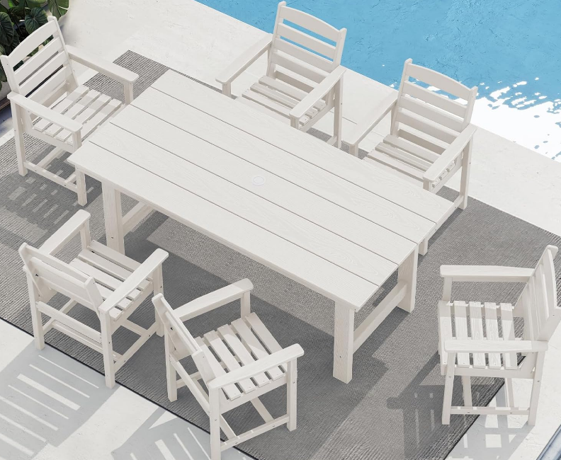 7-Piece Patio Dining Table Sets, Outdoor HDPE Dining Furniture Set with Umbrella Hole Cut-Out Table and 6 Chairs, White