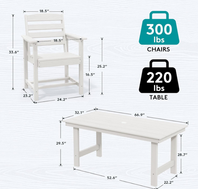7-Piece Patio Dining Table Sets, Outdoor HDPE Dining Furniture Set with Umbrella Hole Cut-Out Table and 6 Chairs, White