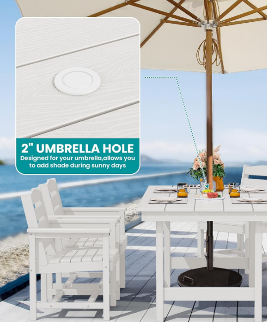 7-Piece Patio Dining Table Sets, Outdoor HDPE Dining Furniture Set with Umbrella Hole Cut-Out Table and 6 Chairs, White