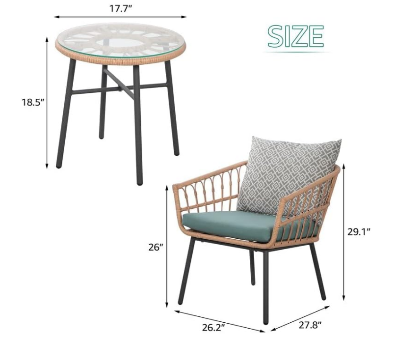 3 Piece Patio Furniture Outdoor Conversation Bistro Set with Tempered Coffee Table and Wicker Chairs for Garden Balcony Backyard Yard Poolside, Green