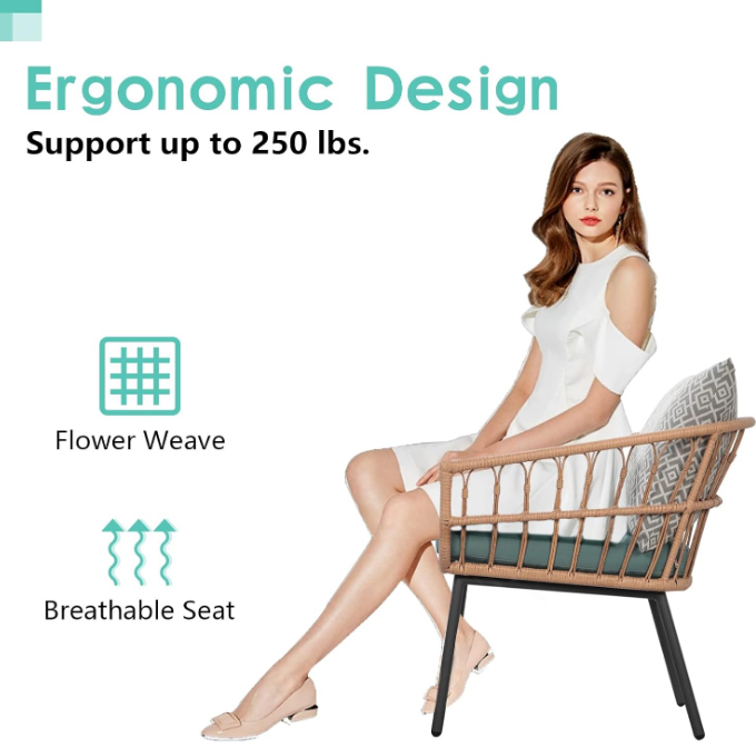 3 Piece Patio Furniture Outdoor Conversation Bistro Set with Tempered Coffee Table and Wicker Chairs for Garden Balcony Backyard Yard Poolside, Green