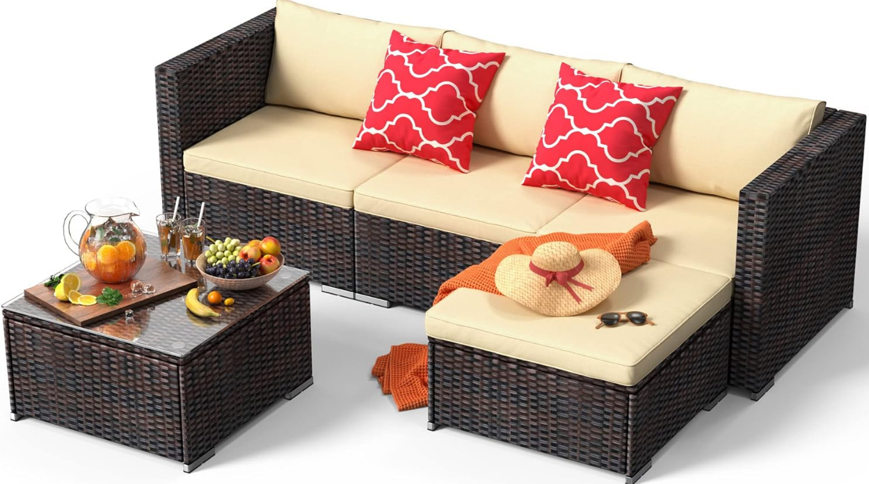 5-Piece Patio Furniture Set Outdoor Couch with Glass Coffee Table and Two Pillows, Outdoor Sectional Conversation Set (Brown Rattan, Beige Cushion)