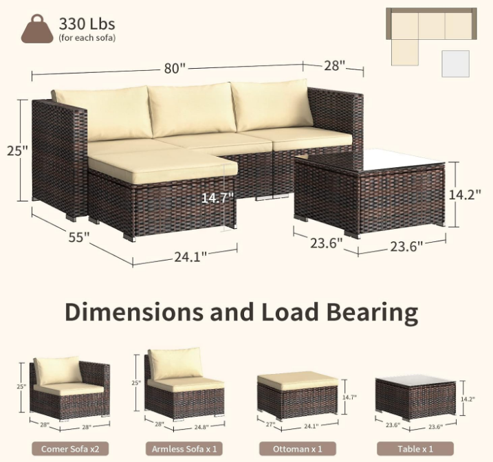 5-Piece Patio Furniture Set Outdoor Couch with Glass Coffee Table and Two Pillows, Outdoor Sectional Conversation Set (Brown Rattan, Beige Cushion)