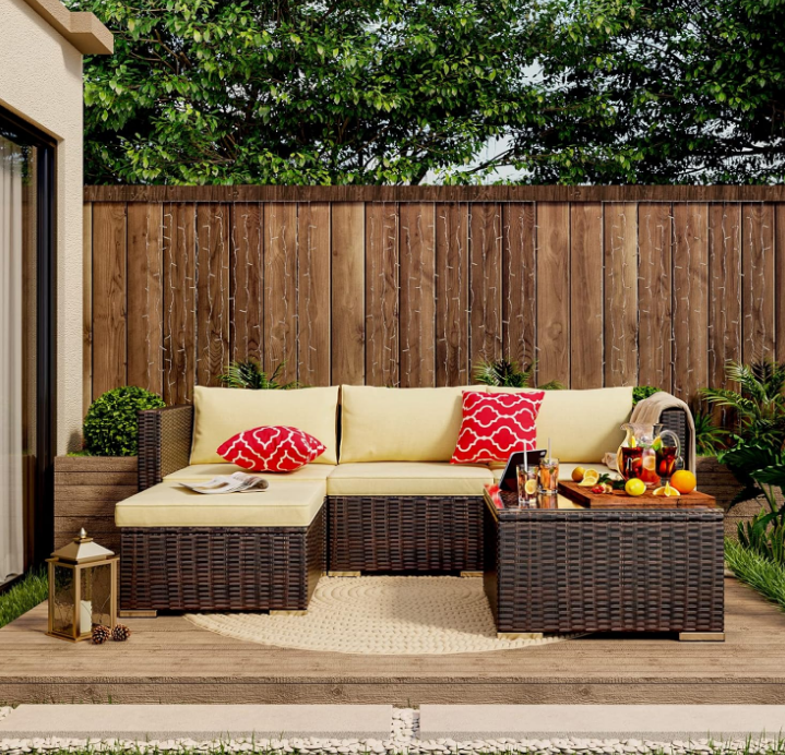 5-Piece Patio Furniture Set Outdoor Couch with Glass Coffee Table and Two Pillows, Outdoor Sectional Conversation Set (Brown Rattan, Beige Cushion)