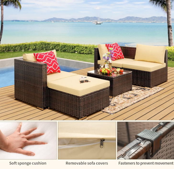 5-Piece Patio Furniture Set Outdoor Couch with Glass Coffee Table and Two Pillows, Outdoor Sectional Conversation Set (Brown Rattan, Beige Cushion)