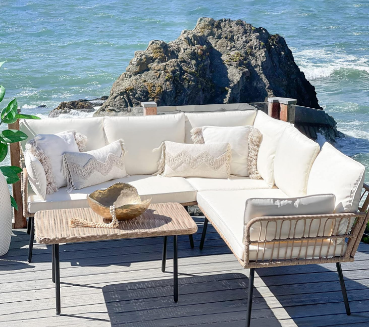 4 Pieces Patio Furniture Set, Outdoor Rattan Woven Conversation Sectional L-Shaped Sofa with 5 Seater for Backyard, Porch, Boho Detachable Lounger with Cushions and Side Table - Beige