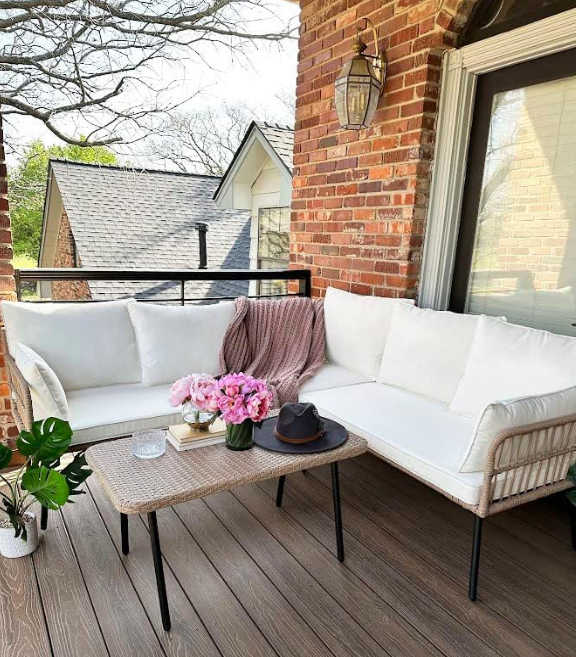 4 Pieces Patio Furniture Set, Outdoor Rattan Woven Conversation Sectional L-Shaped Sofa with 5 Seater for Backyard, Porch, Boho Detachable Lounger with Cushions and Side Table - Beige