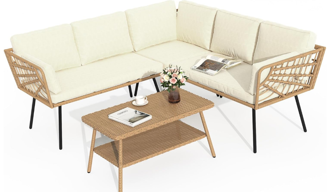 Rattan 4PCS Patio Furniture Set, Outdoor Wicker Conversation Sectional L-Shaped Sofa with 5 Seater for Backyard, Porch, Detachable Lounger with Thickness Cushions and Side Table - Beige